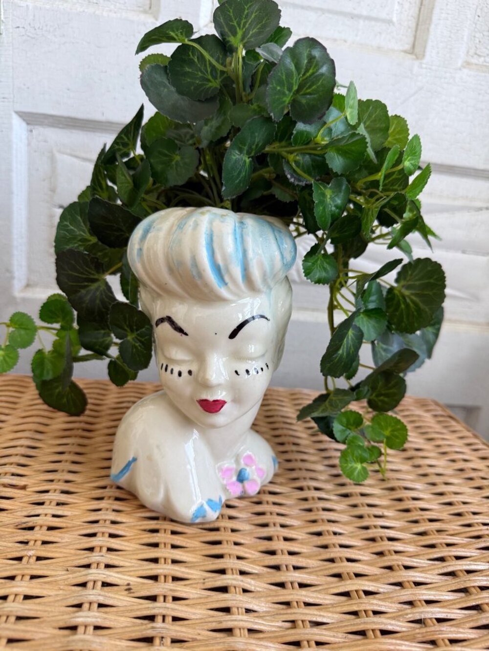 Vintage 1950s Glamour Girl Head Vase Planter With Ivy Faux Plant